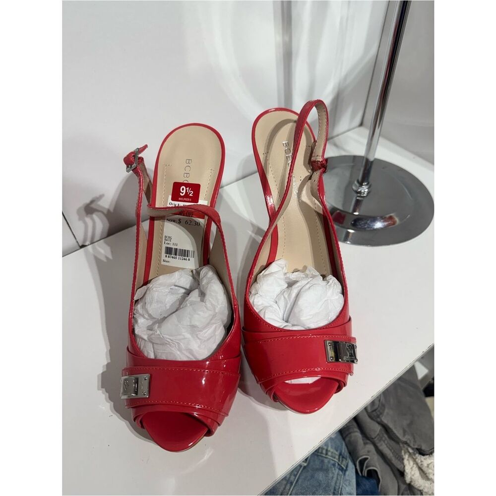BCBG  coral Patent Open-Toe Slingback Heels